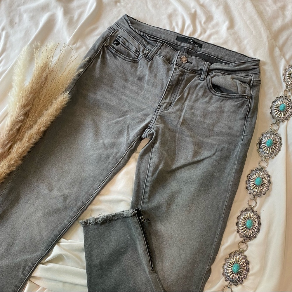 Kancan Skinny Jeans With Ankle Zipper, Grey Denim Jeans, Western, Casual, Mom